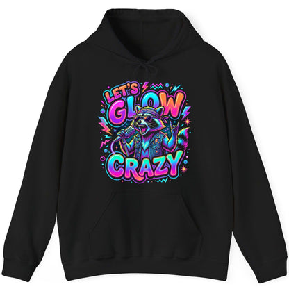 Let's Glow Crazy Funny Rockstar Raccoon Hoodie - product mockup - Black