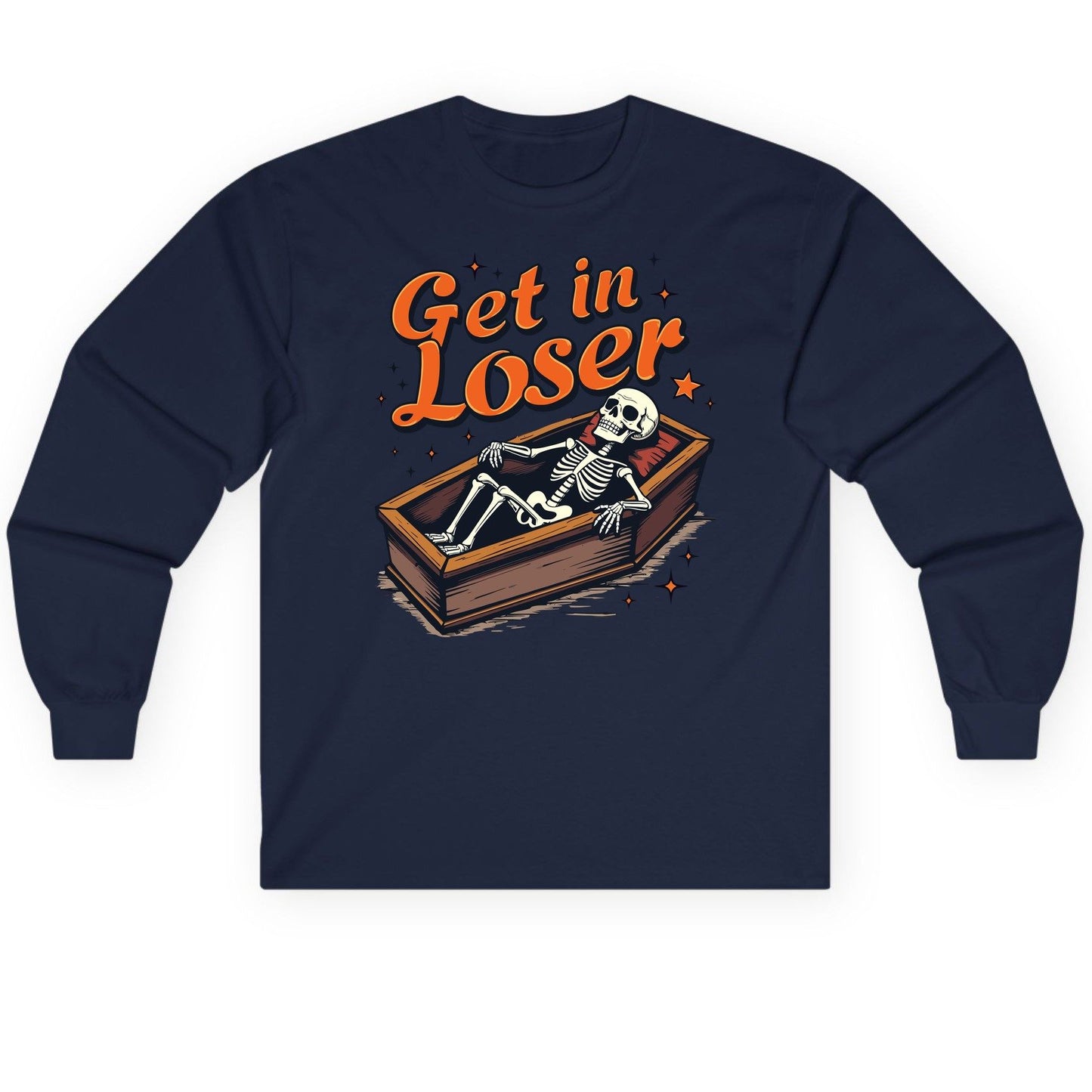 Get in Loser skeleton in coffin Long Sleeve Tee Navy product mockup
