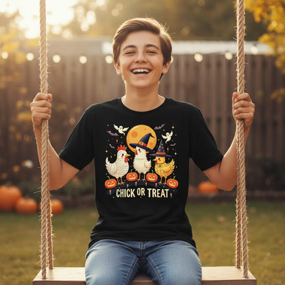 Chick or Treat Halloween chickens Youth T-Shirt Black lifestyle mockup