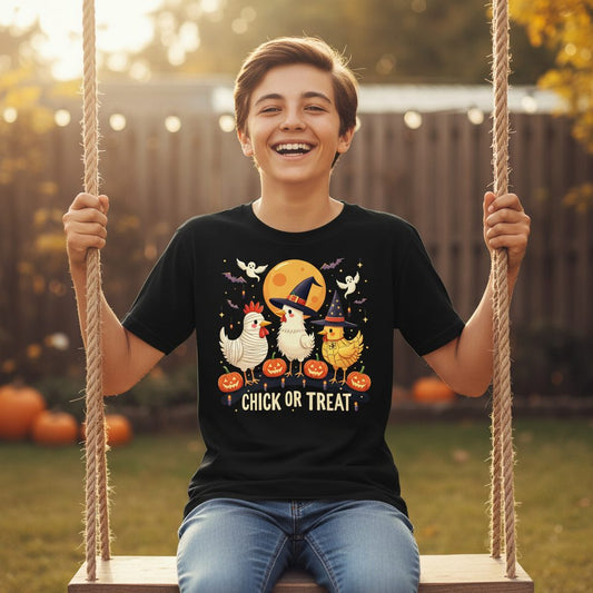 Chick or Treat Halloween chickens Youth T-Shirt Black lifestyle mockup