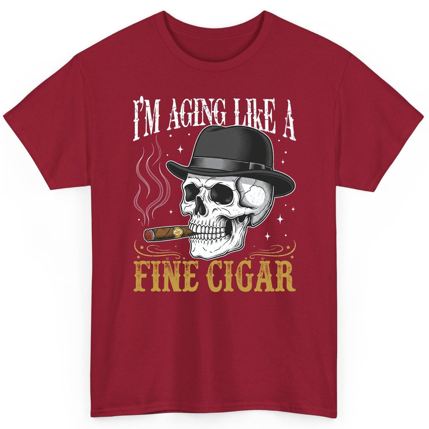 I'm Aging Like a Fine Cigar smoking skull T-Shirt Cardinal Red product mockup