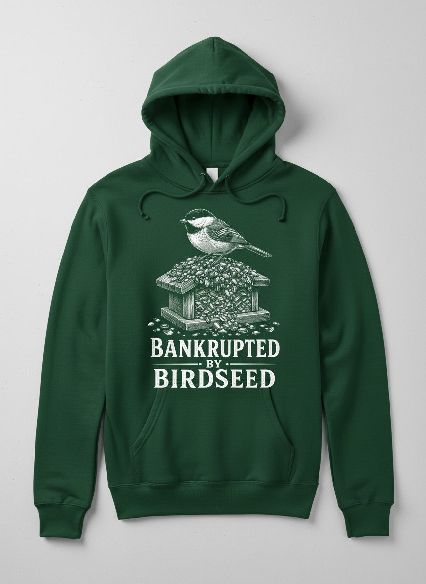 Bankrupted By Birdseed Funny Hoodie - product mockup - Forest Green