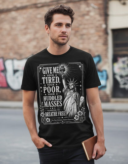 Give Me Your Tired Statue of Liberty Vintage Patriots T-Shirt - lifestyle model mockup - Black