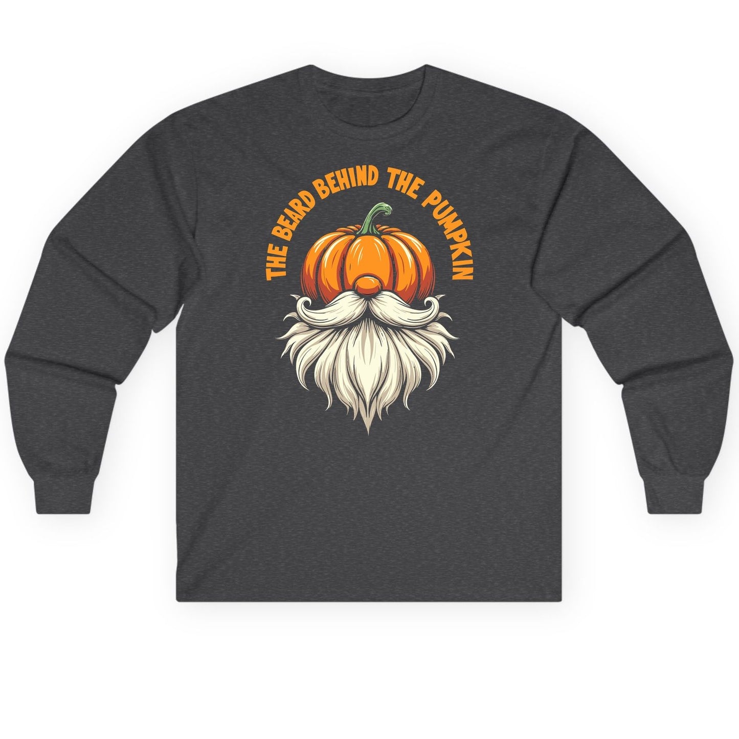The Beard Behind the Pumpkin Halloween gnome Long Sleeve Tee Dark Heather product mockup