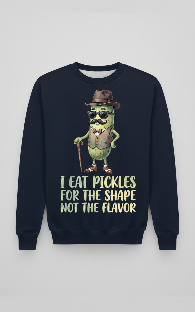 Funny Dapper Pickle 'I Eat Pickles For The Shape' Quote Sweatshirt - Navy