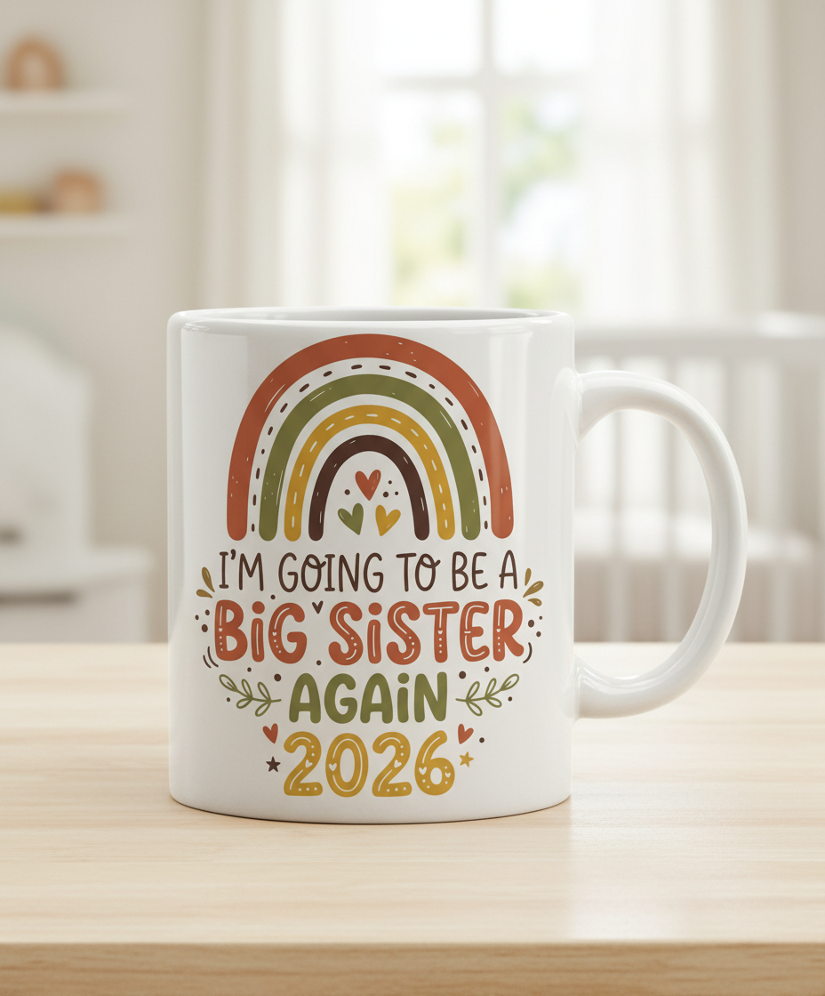I'm Going to Be a Big Sister Again 2026 Boho Rainbow Announcement White Mug - White