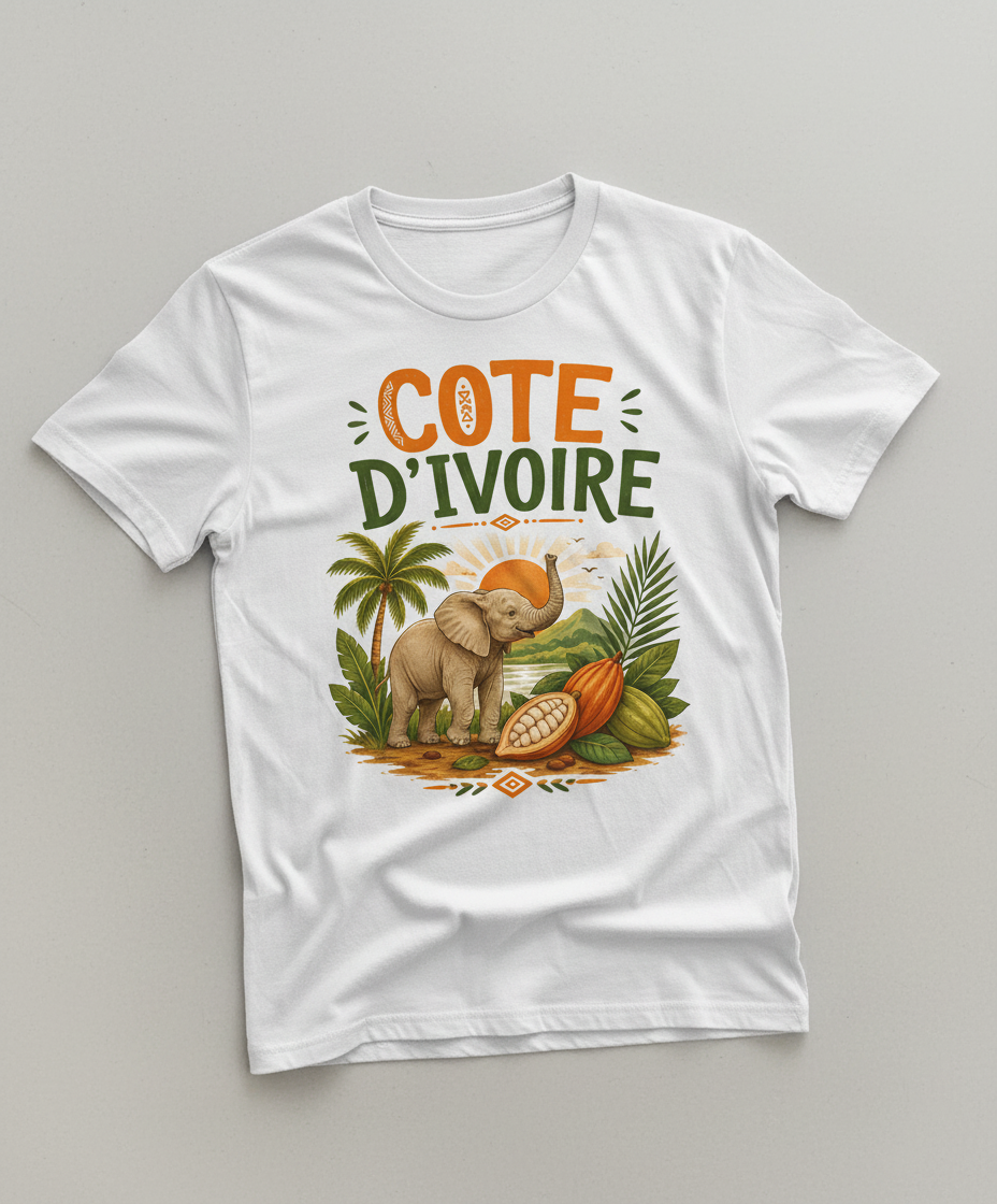 Cote D'Ivoire Elephant Travel Art T-Shirt - product mockup - White