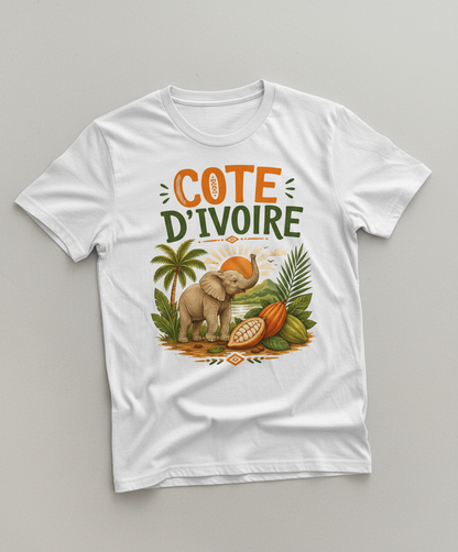 Cote D'Ivoire Elephant Travel Art T-Shirt - product mockup - White