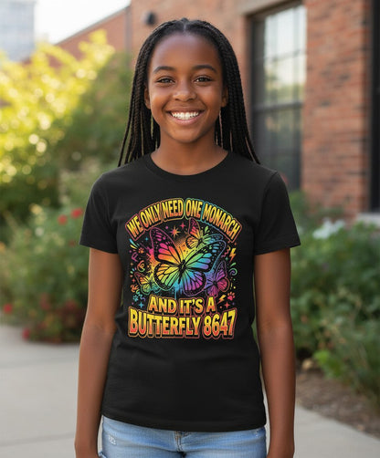 WE ONLY NEED ONE Monarch AND IT'S a Butterfly 8647 Youth T-Shirt - lifestyle model mockup - Black