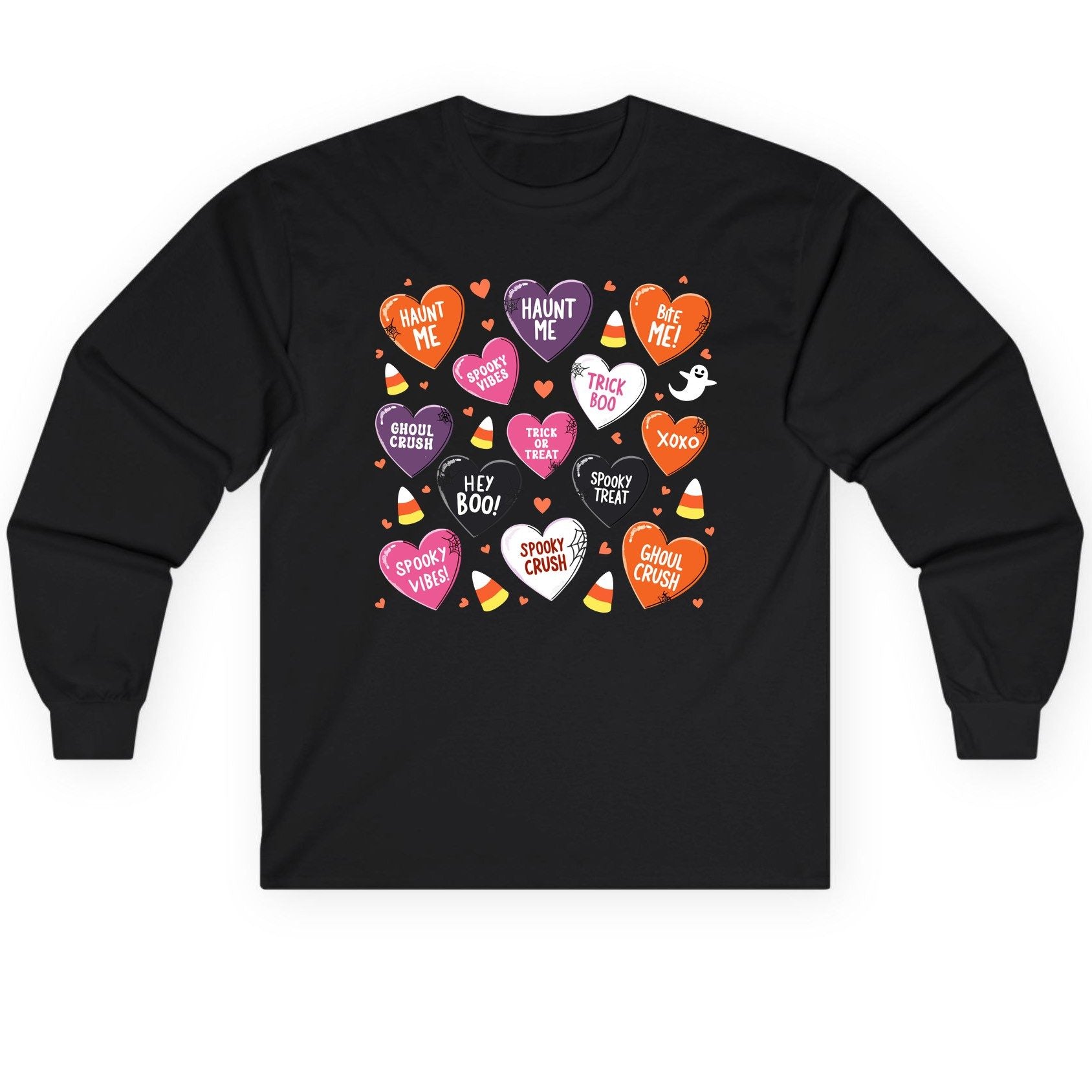 Spooky Halloween Conversation Hearts Halloween conversation hearts Long Sleeve Tee Black product mockup