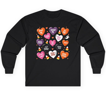 Spooky Halloween Conversation Hearts Halloween conversation hearts Long Sleeve Tee Black product mockup