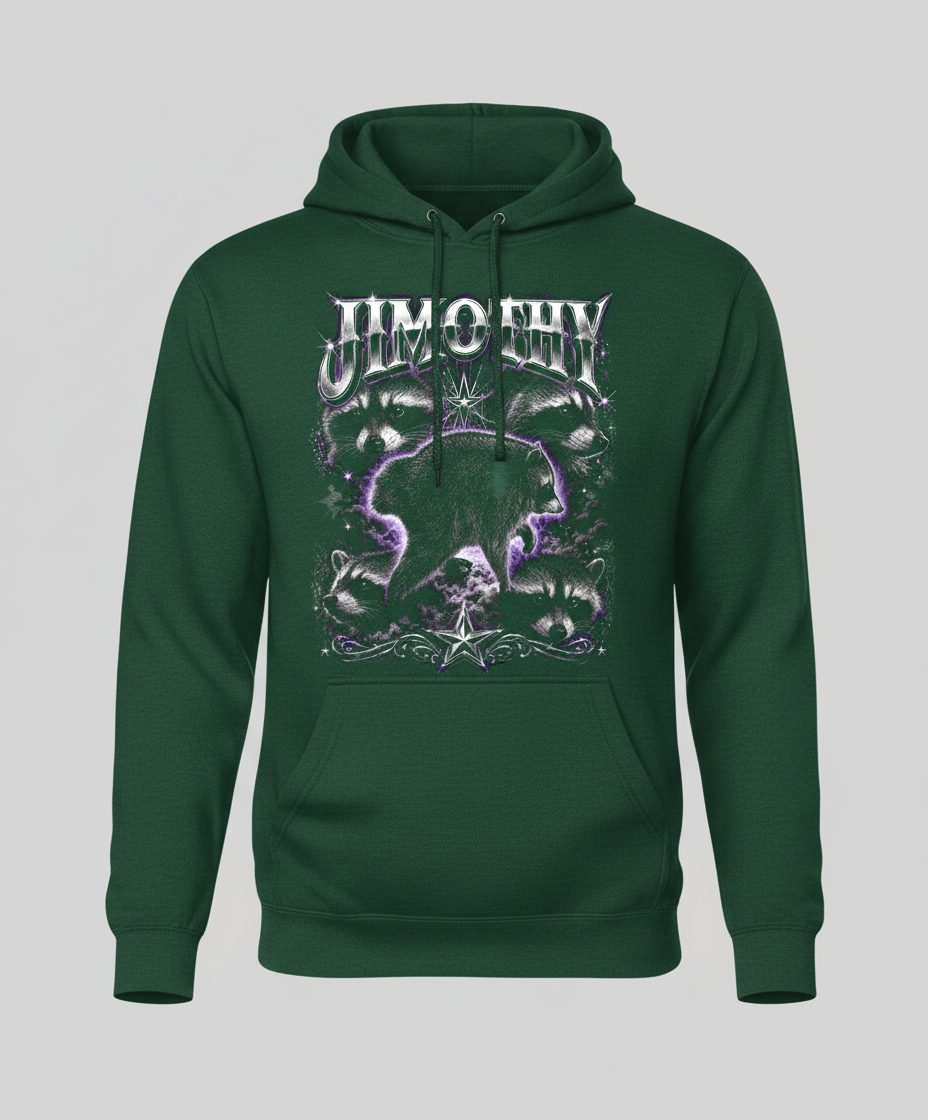 Jimothy Funny Raccoon Hoodie - product mockup - Forest Green