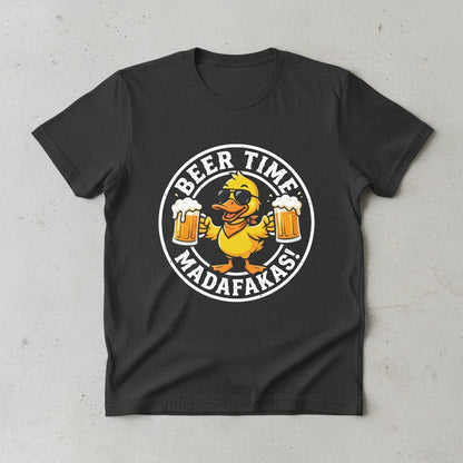 BEER TIME MADAFFAKAS! Funny Duck drinking beer Beer Time Madafakas Duck T-Shirt - product mockup - Dark Heather