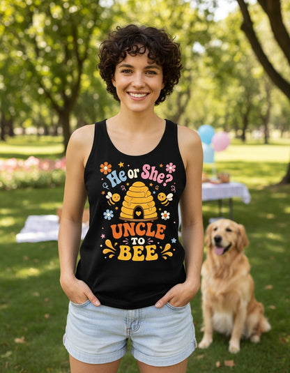 He or She Uncle to Bee Retro Gender Reveal Tank Top - lifestyle model mockup - Black