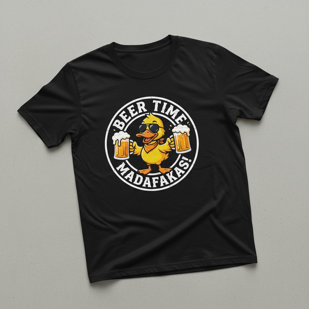 BEER TIME MADAFFAKAS! Funny Duck drinking beer Beer Time Madafakas Duck T-Shirt - product mockup - Black
