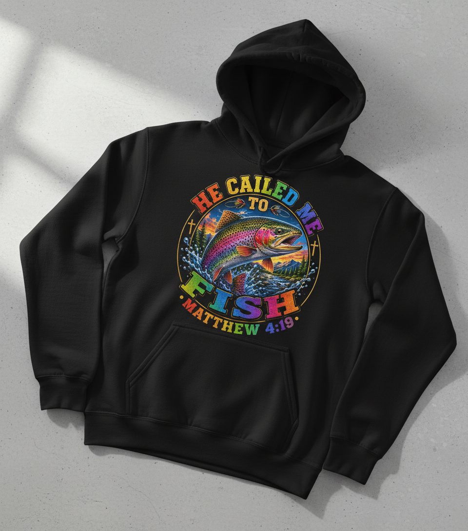 HE CALLED ME TO FISH Matthew 4 19 Christian Fishing Hoodie - product mockup - Black