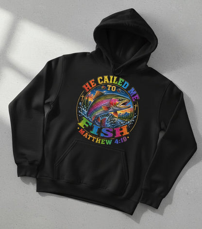 HE CALLED ME TO FISH Matthew 4 19 Christian Fishing Hoodie - product mockup - Black