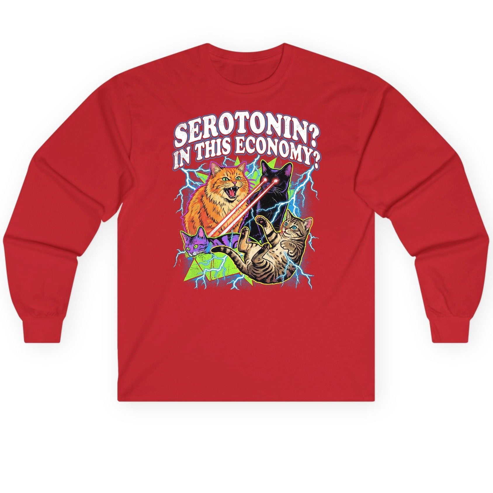 Serotonin in This Economy? cats Long Sleeve Tee Red product mockup