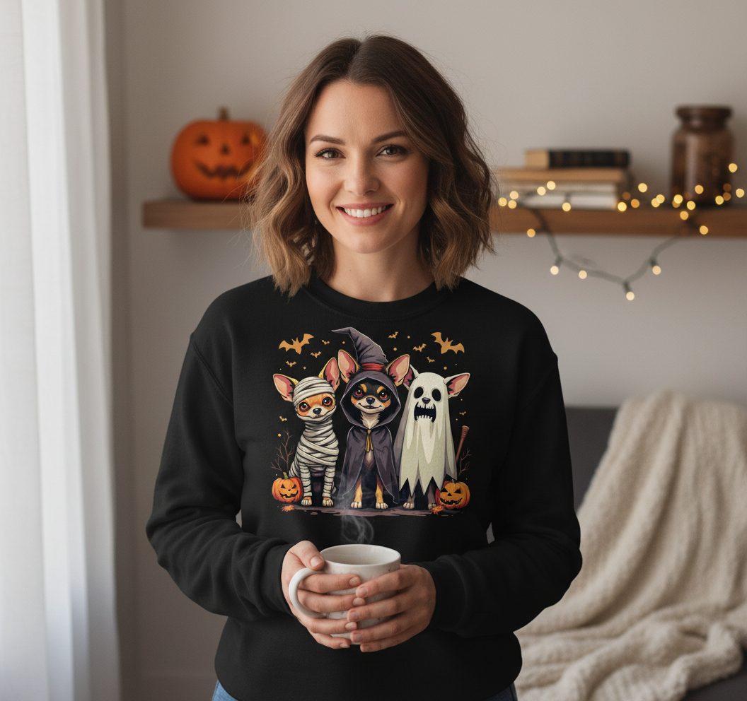 Chihuahua Halloween Costumes chihuahua dogs in Halloween costumes Sweatshirt Black lifestyle mockup