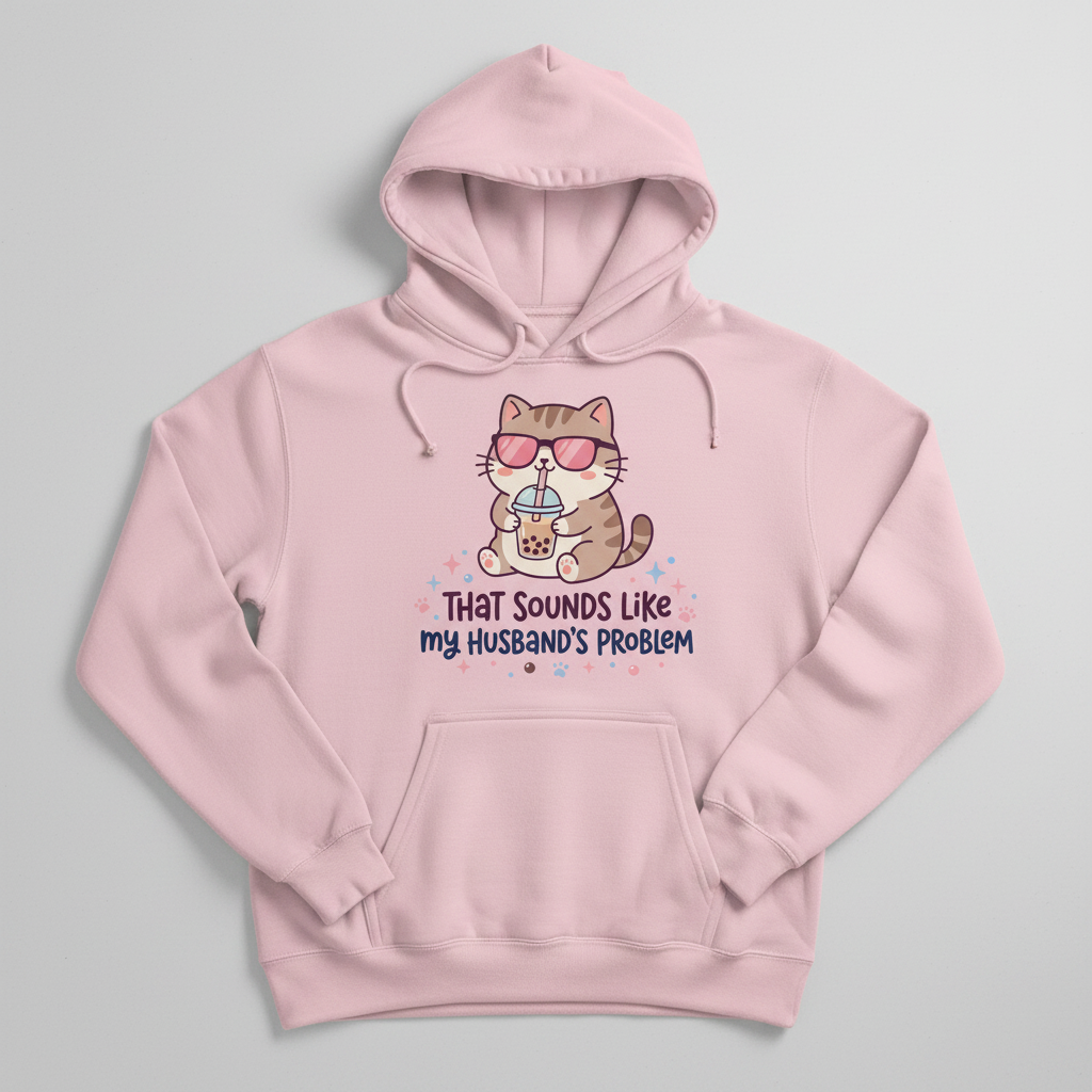 That Sounds Like My Husband's Problem Cat with Boba Tea Hoodie - Light Pink