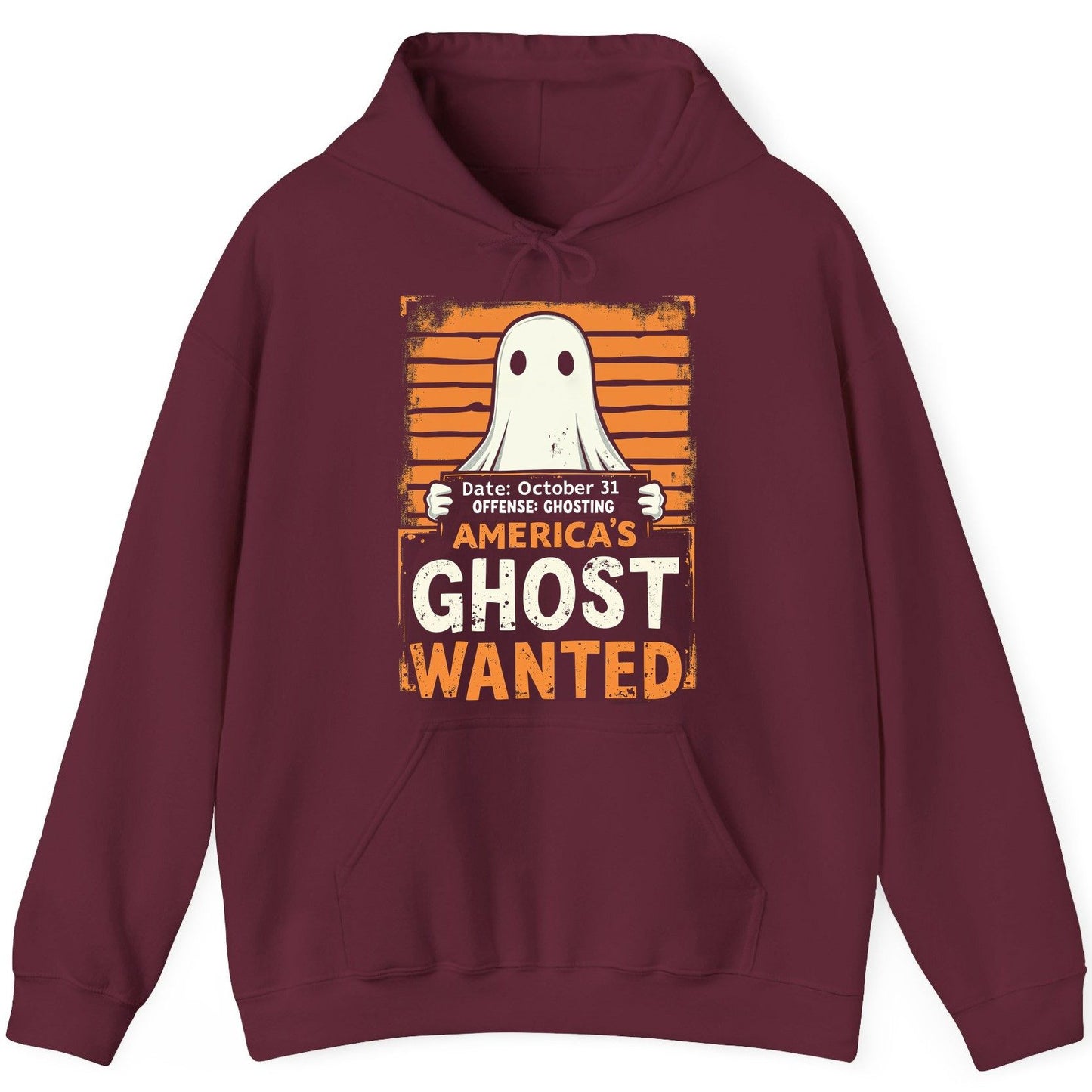 Date October 31 Offense Ghosting America's Ghost Wanted ghost Hoodie Maroon product mockup