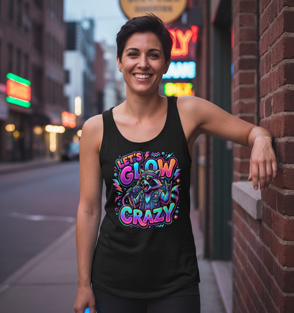 Let's Glow Crazy Funny Rockstar Raccoon Tank Top - lifestyle model mockup - Black