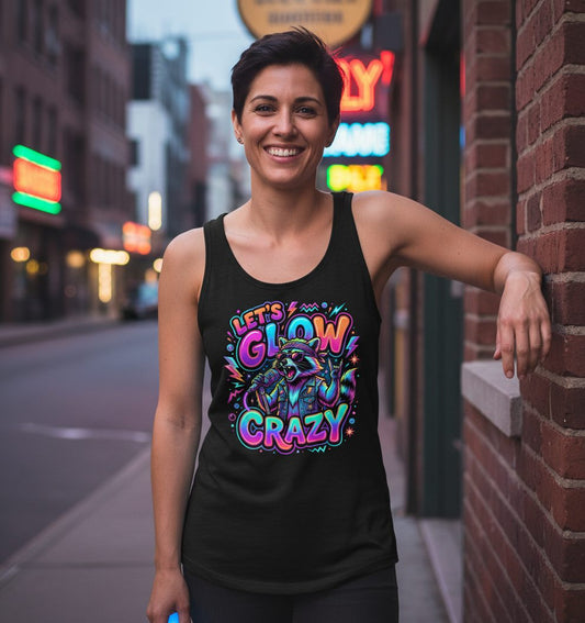 Let's Glow Crazy Funny Rockstar Raccoon Tank Top - lifestyle model mockup - Black