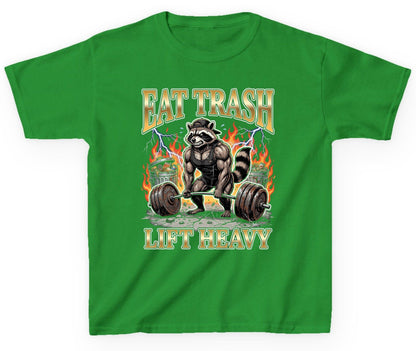 Eat Trash Lift Heavy weightlifting raccoon Youth T-Shirt Irish Green product mockup
