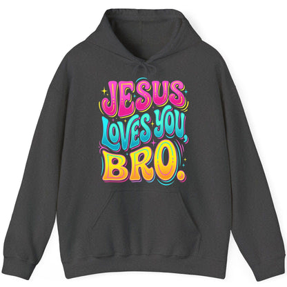 JESUS LOVES YOU BRO Retro Christian Hoodie - product mockup - Dark Heather
