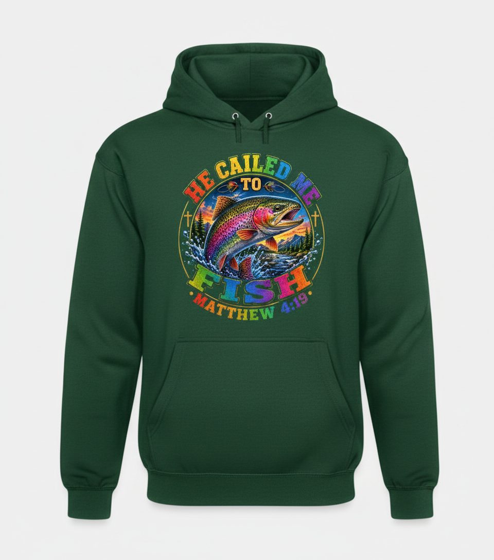 HE CALLED ME TO FISH Matthew 4 19 Christian Fishing Hoodie - product mockup - Forest Green