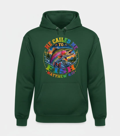 HE CALLED ME TO FISH Matthew 4 19 Christian Fishing Hoodie - product mockup - Forest Green