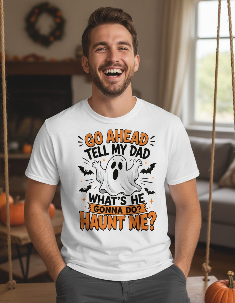 Go Ahead Tell My Dad What's He Gonna Do Haunt Me T-Shirt - lifestyle model mockup - White