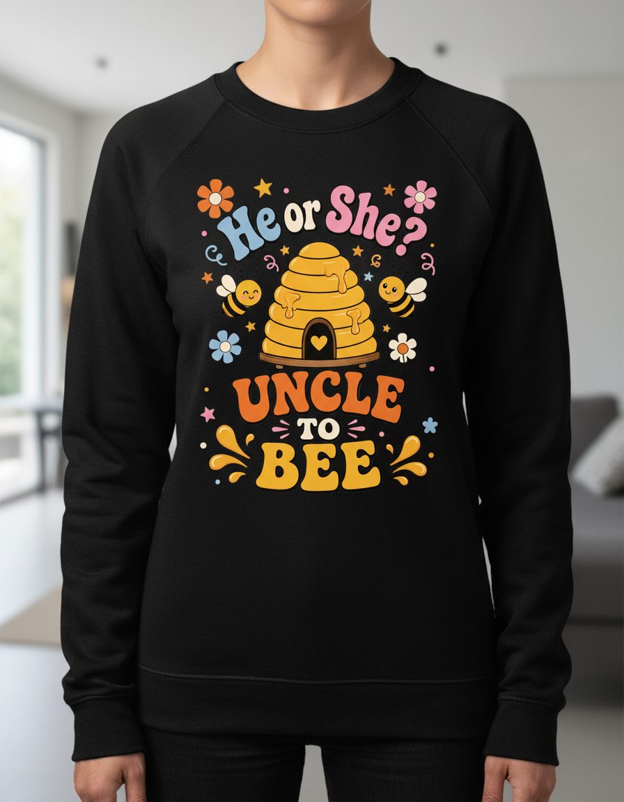 He or She Uncle to Bee Retro Gender Reveal Sweatshirt - product mockup - Black