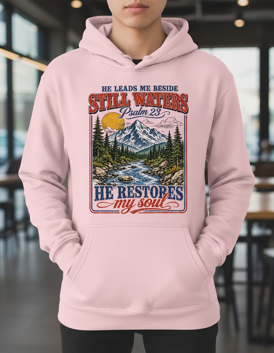He Leads Me Beside Still Waters Psalm 23 He Restores My Soul Hoodie - product mockup - Light Pink