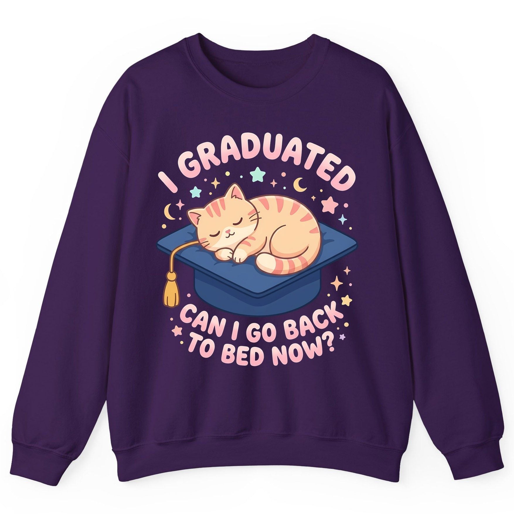 I Graduated CAN I GO BACK TO BED NOW Funny Graduation Cat Sweatshirt - product mockup - Purple