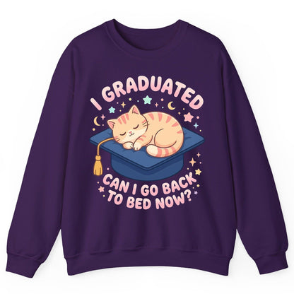 I Graduated CAN I GO BACK TO BED NOW Funny Graduation Cat Sweatshirt - product mockup - Purple