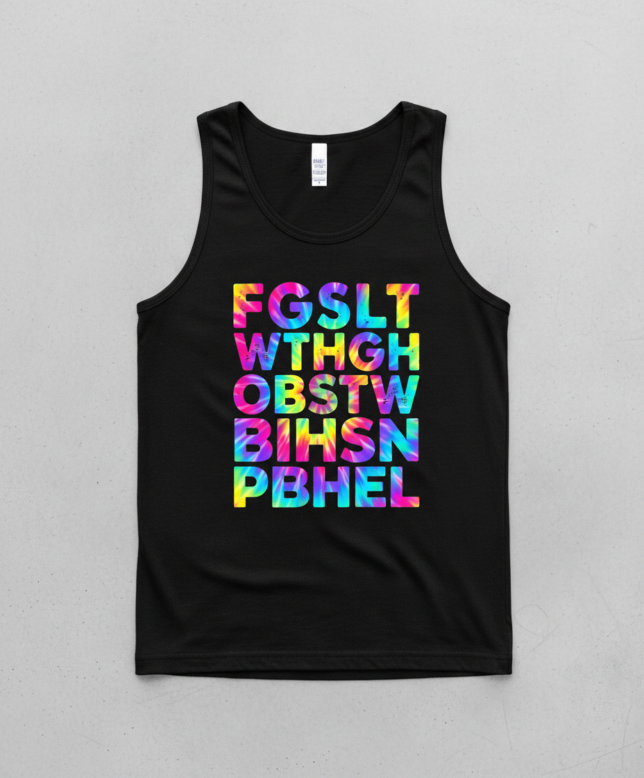 Colorful Tie-Dye Block Letters Tank Top - Black