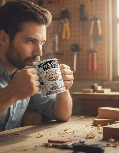 Woodworker Brain Funny Woodworking White Mug - lifestyle model mockup - White