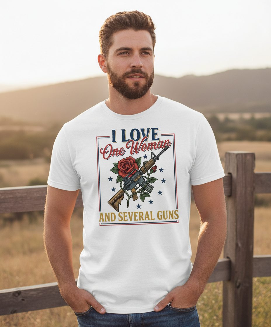 I LOVE One Woman AND Several GUNS Funny Pro-Gun T-Shirt - lifestyle model mockup - White