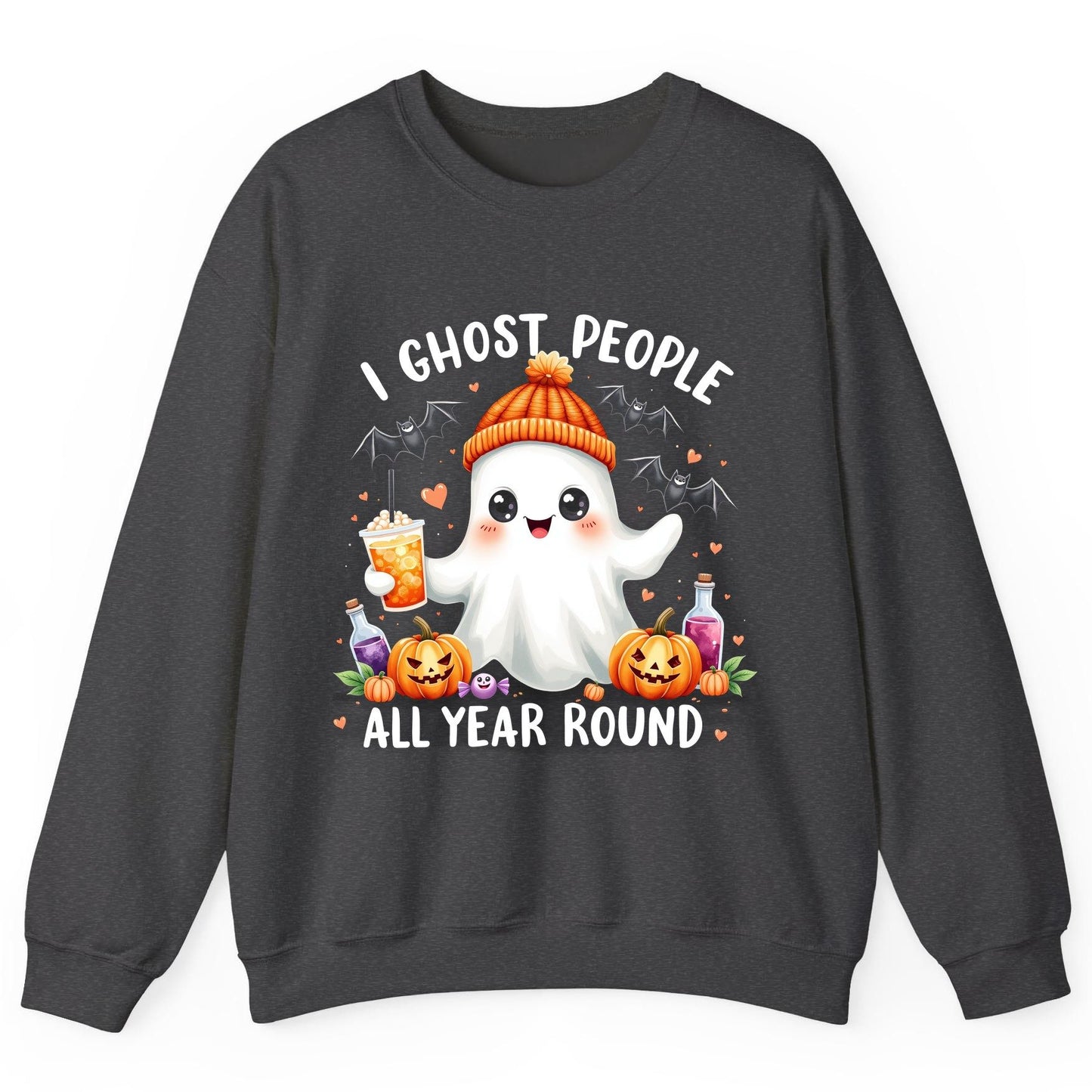 I Ghost People All Year Round cute ghost Sweatshirt Dark Heather product mockup