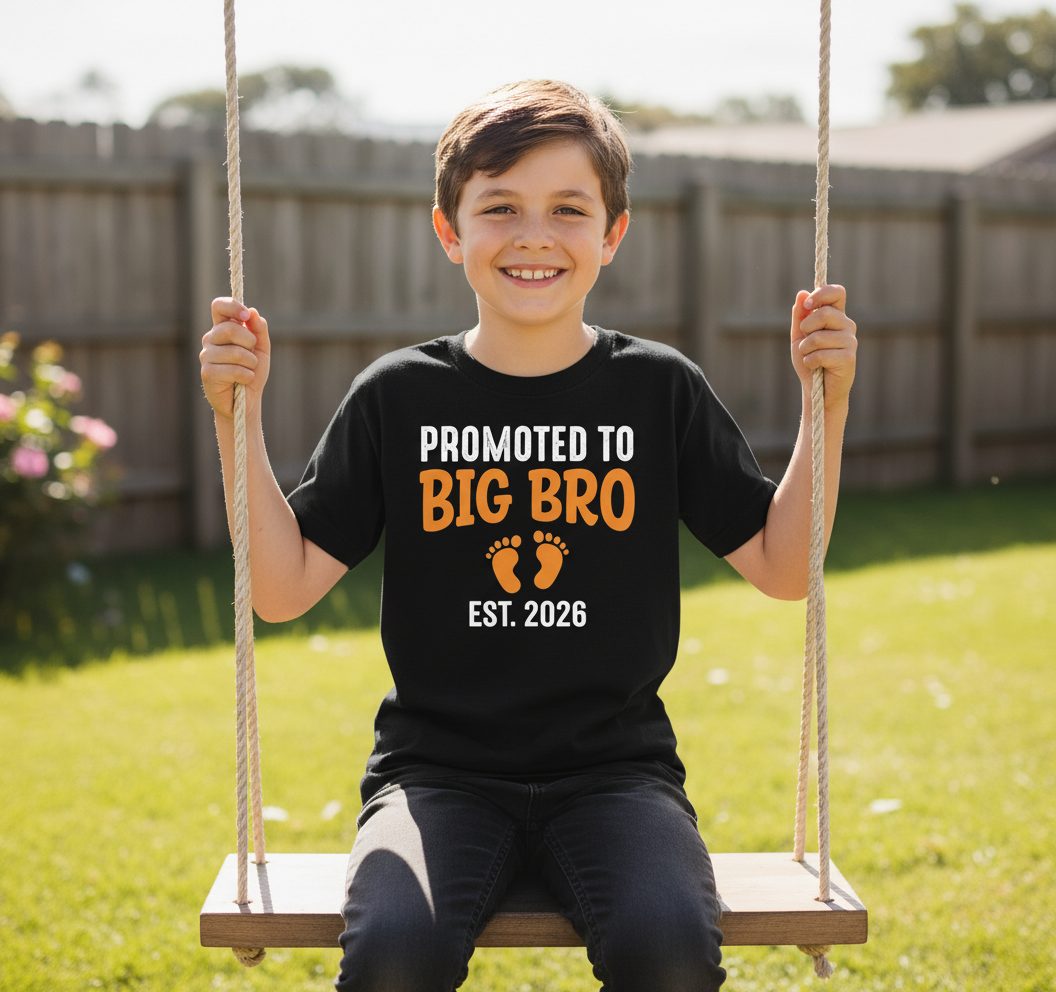 Promoted TO BIG BRO EST 2026 Pregnancy Announcement Youth T-Shirt - lifestyle model mockup - Black