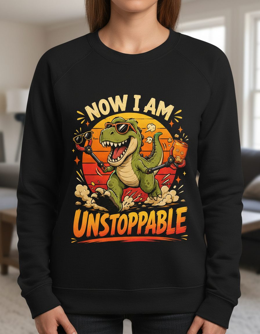 Now I Am Unstoppable Funny T-Rex Dinosaur Sweatshirt - product mockup - Black