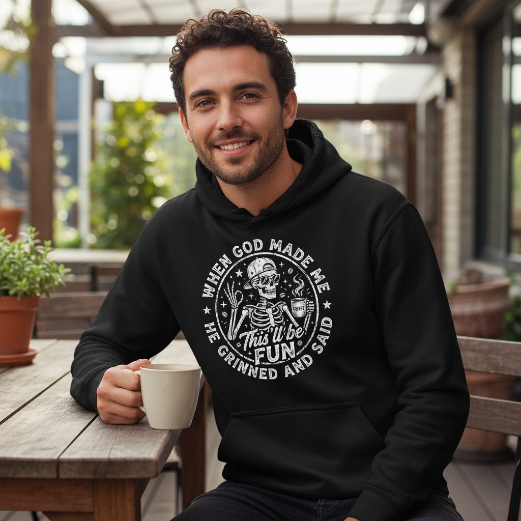When God Made Me He Grinned and Said This'll Be FUN Hoodie - lifestyle model mockup - Black