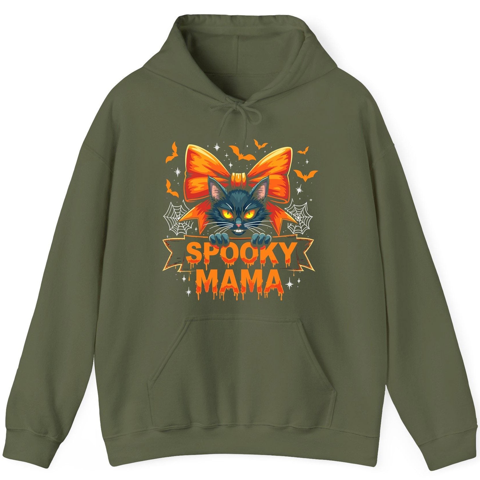 Spooky Mama black cat Hoodie Military Green product mockup
