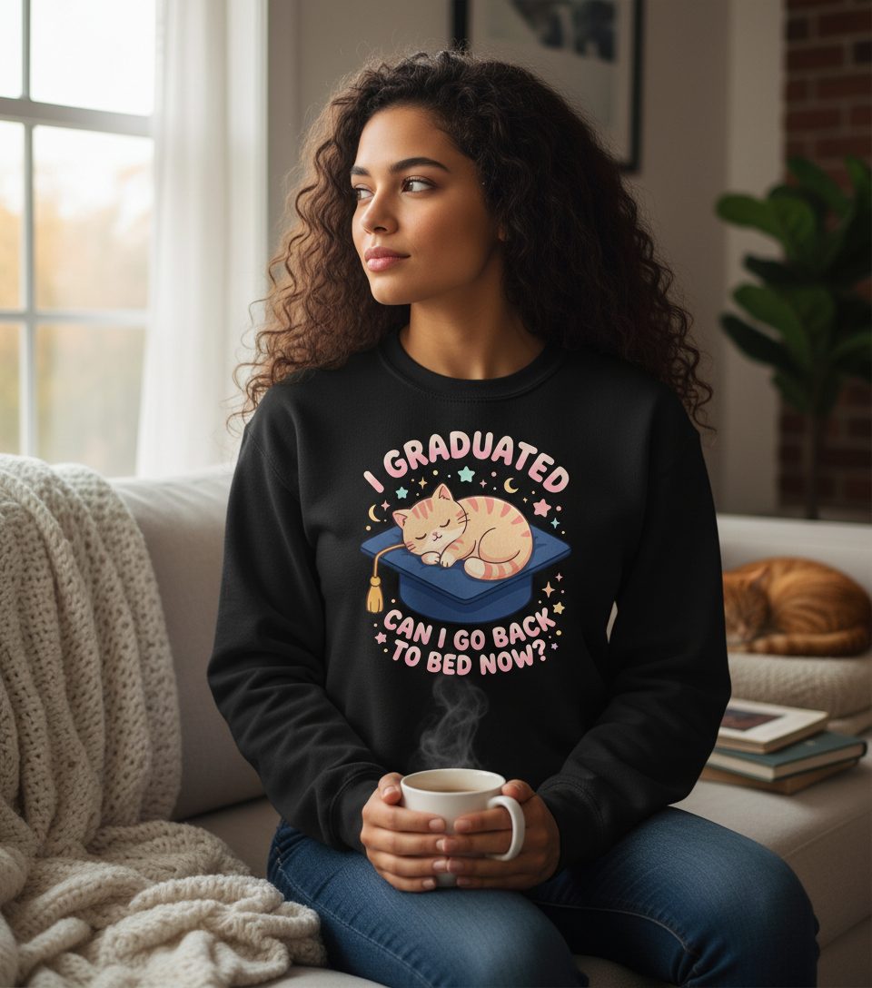 I Graduated CAN I GO BACK TO BED NOW Funny Graduation Cat Sweatshirt - lifestyle model mockup - Black