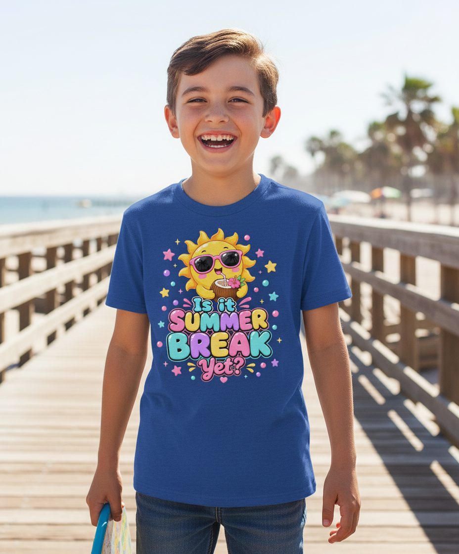 Is It SUMMER BREAK Yet Funny Vacation Youth T-Shirt - lifestyle model mockup - Black