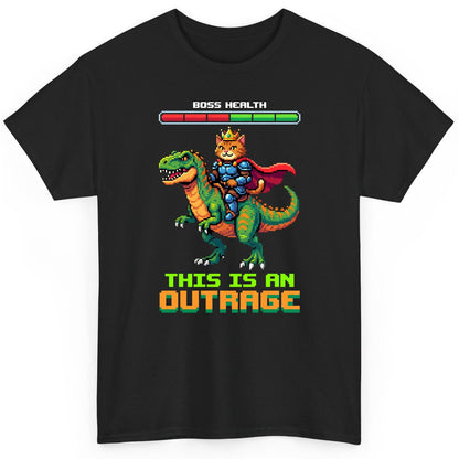 THIS IS AN OUTRAGE Cat riding a dinosaur T-Shirt Black product mockup
