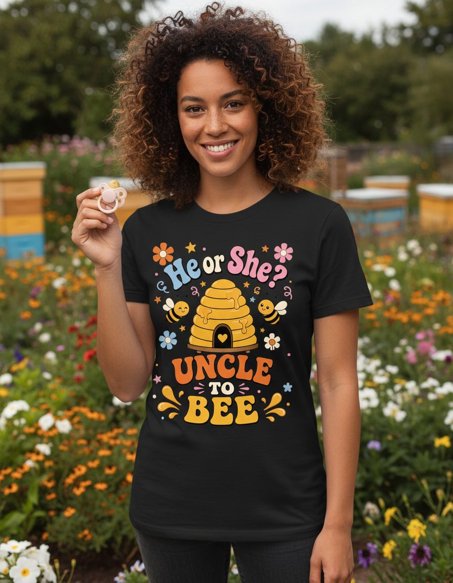 He or She Uncle to Bee Retro Gender Reveal T-Shirt - lifestyle model mockup - Black
