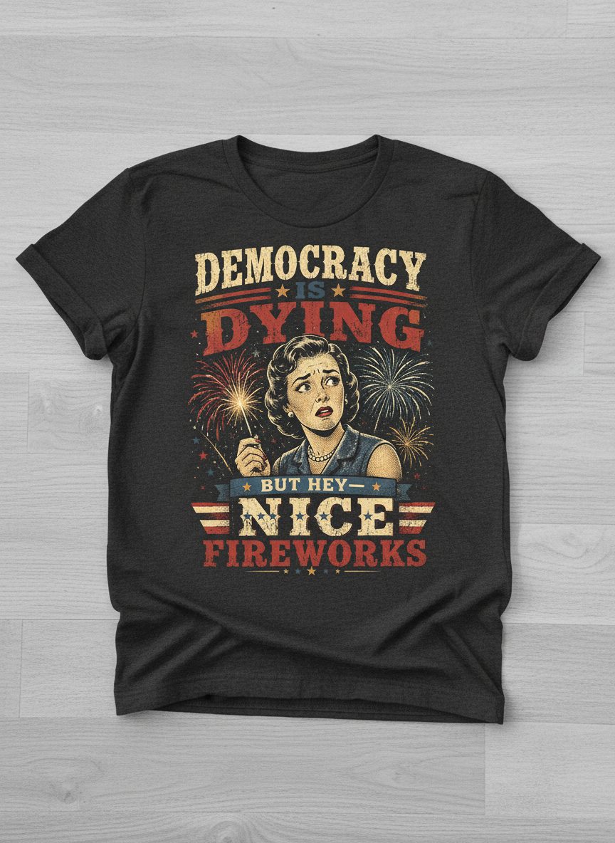 Democracy Is Dying but Hey Nice Fireworks T-Shirt - product mockup - Dark Heather