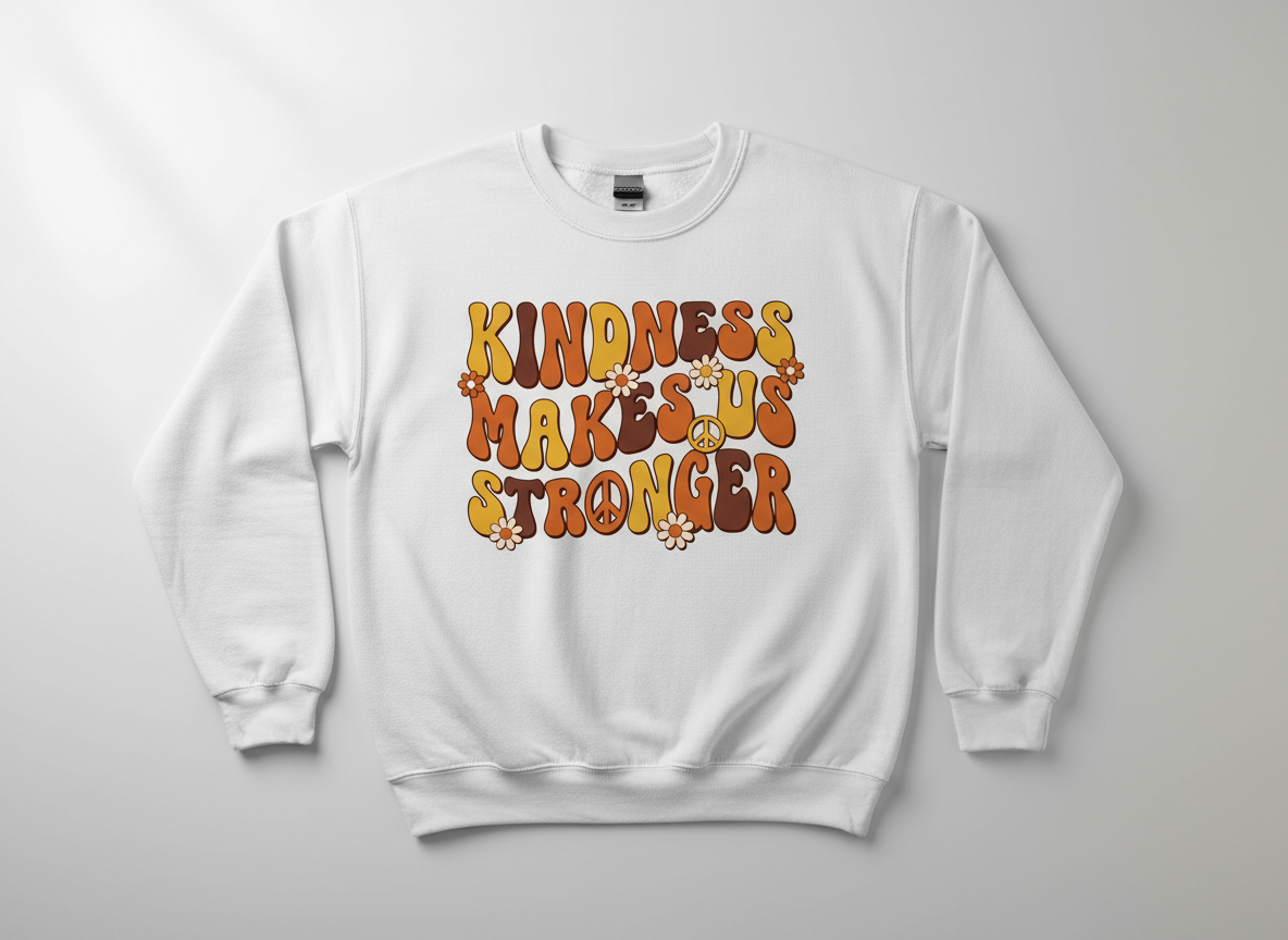 Kindness Makes Us Stronger Groovy 70s Retro Design Sweatshirt - White